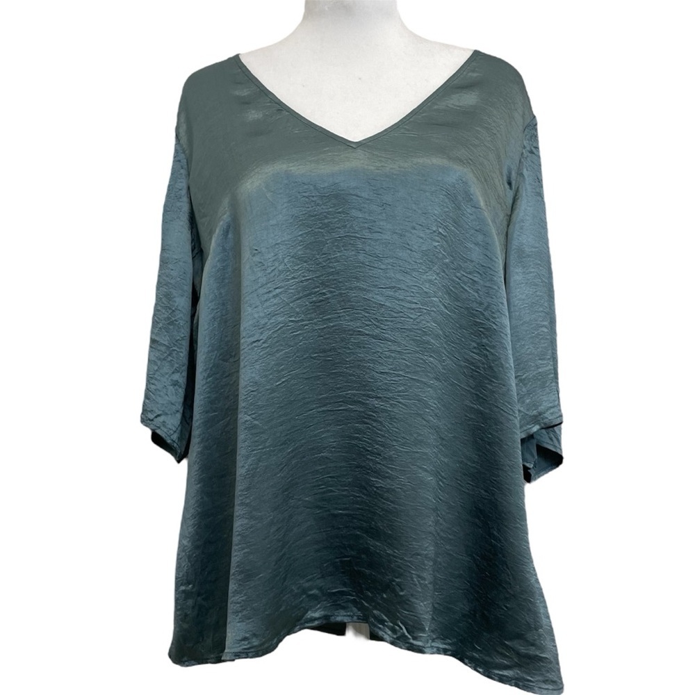 Sally LaPointe Glacier Blue Silky Acetate V-Neck Blouse